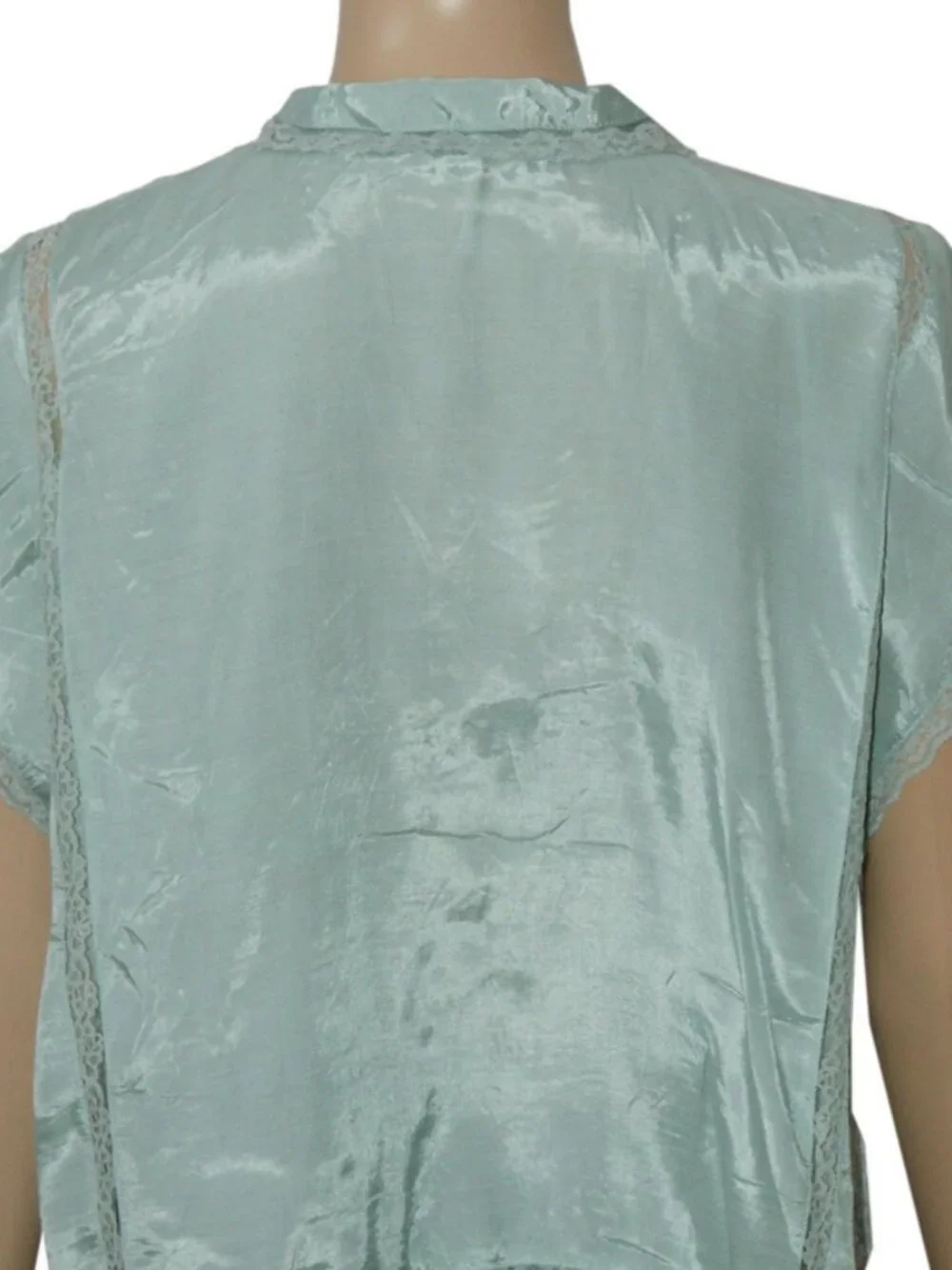 Free People Marigold Shine Lace Top Buttondown Tie V Neck Blue Surf XS